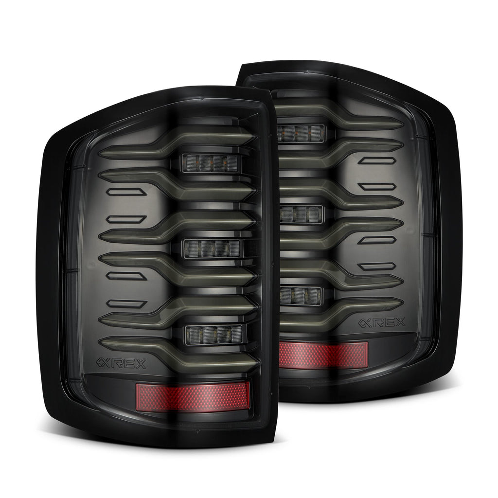 AlphaRex 14-18 Chevrolet Silverado 1500 / 15-19 Silverado 2500HD/3500HD / 15-19 GMC Sierra 3500HD Dually LUXX-Series LED Tail Lights Alpha-Black