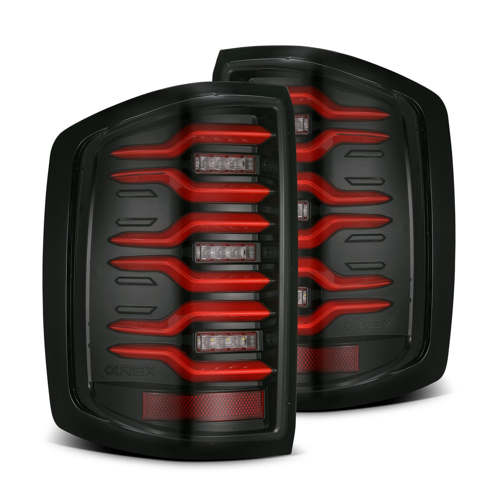 AlphaRex 14-18 Chevrolet Silverado 1500 / 15-19 Silverado 2500HD/3500HD / 15-19 GMC Sierra 3500HD Dually LUXX-Series LED Tail Lights Black-Red