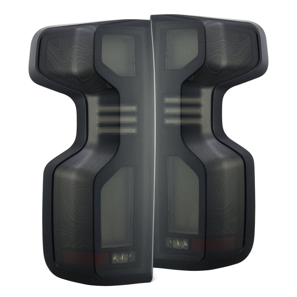 AlphaRex 19-26 Chevrolet Silverado 1500 / 20-26 Silverado 2500HD/3500HD TOPO-ETCH LUXX-Series LED Tail Lights Black Smoke