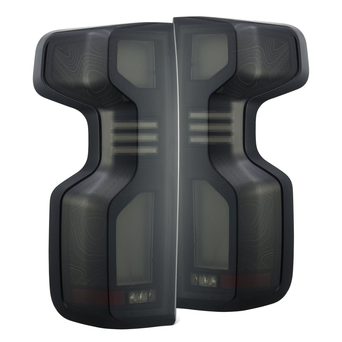 AlphaRex 19-26 Chevrolet Silverado 1500 / 20-26 Silverado 2500HD/3500HD TOPO-ETCH LUXX-Series LED Tail Lights Black Smoke