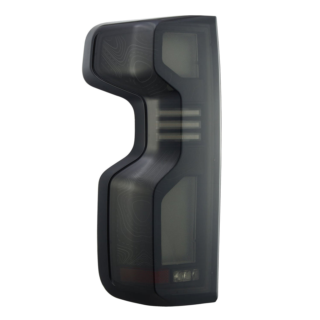 AlphaRex 19-26 Chevrolet Silverado 1500 / 20-26 Silverado 2500HD/3500HD TOPO-ETCH LUXX-Series LED Tail Lights Black Smoke
