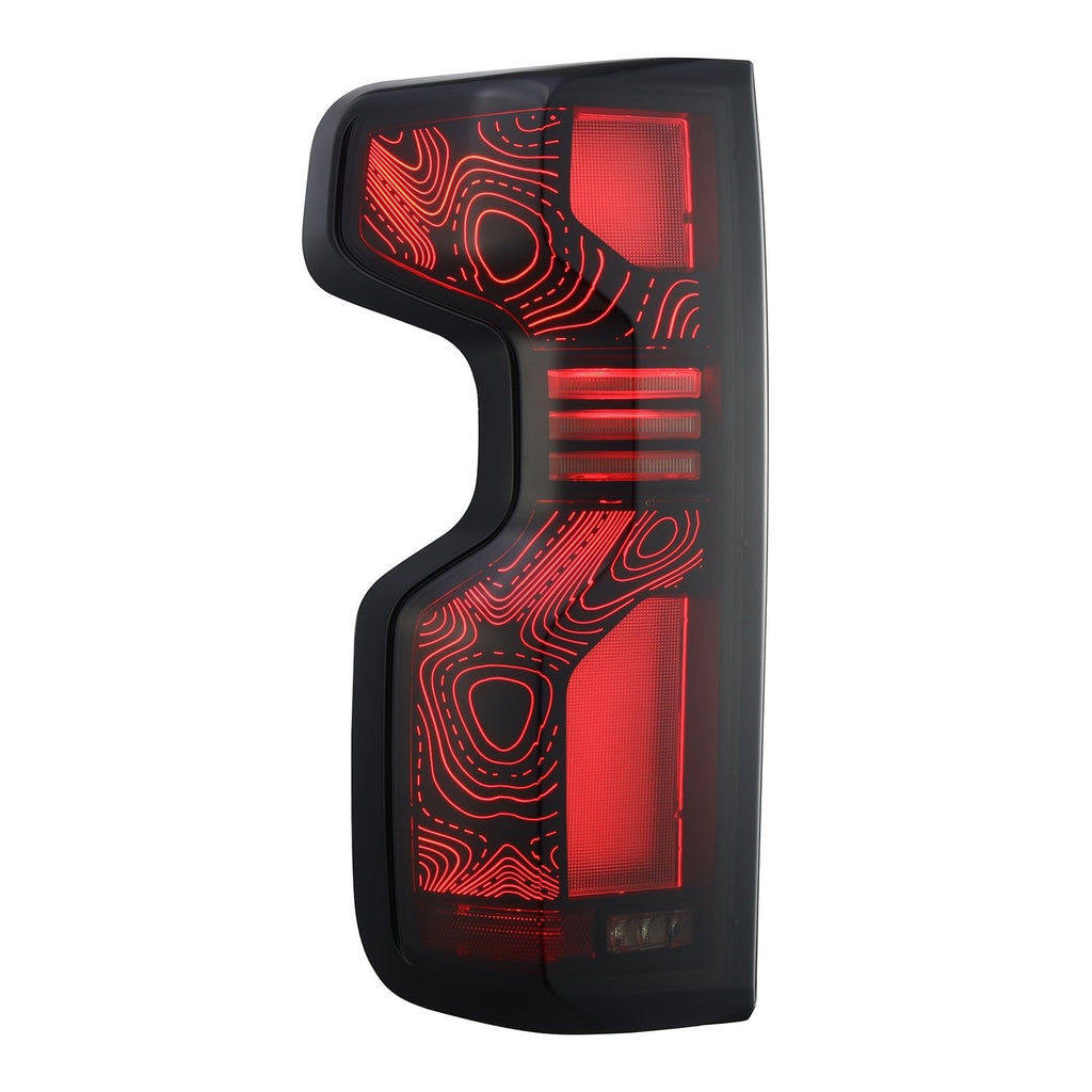 AlphaRex 19-26 Chevrolet Silverado 1500 / 20-26 Silverado 2500HD/3500HD TOPO-ETCH LUXX-Series LED Tail Lights Black Smoke