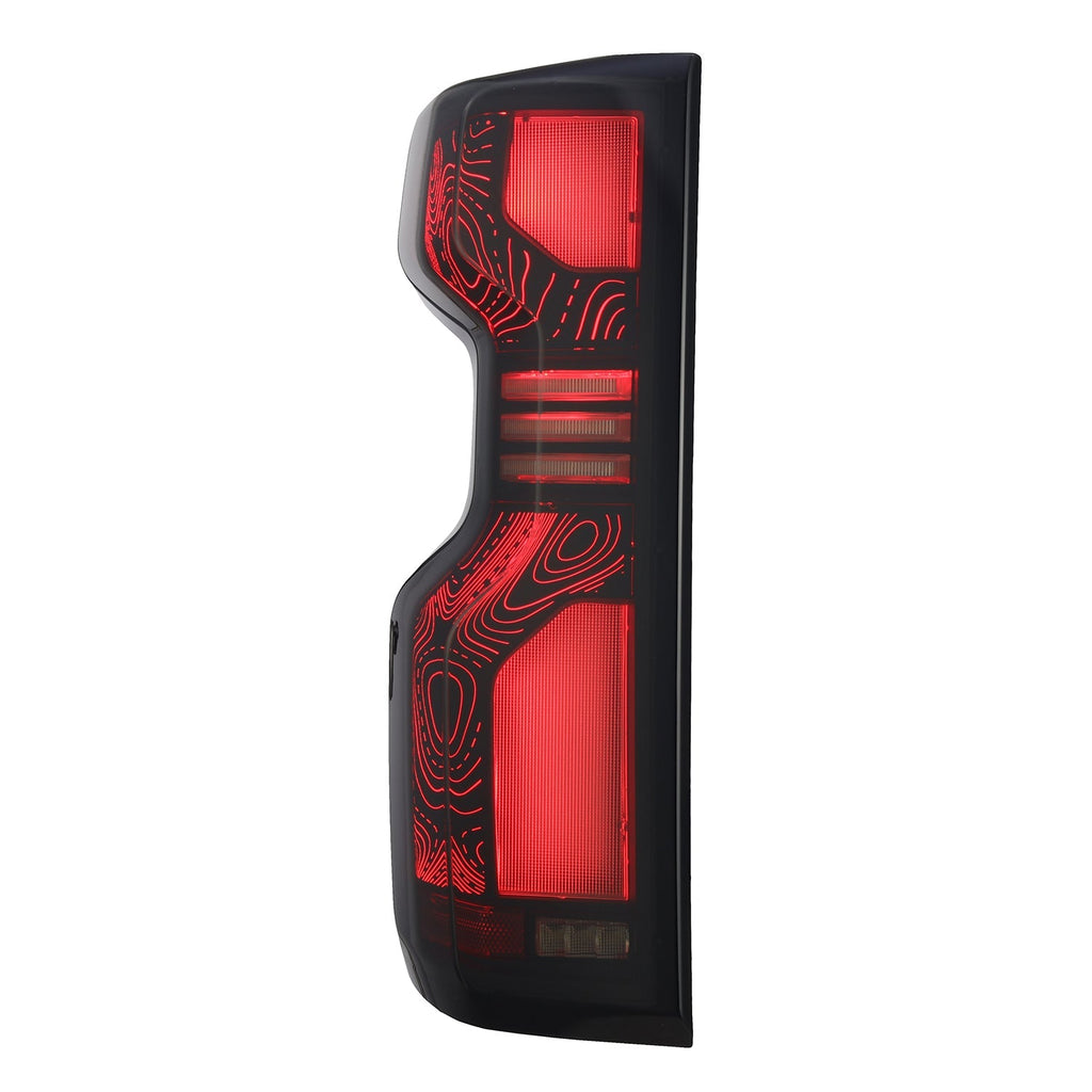 AlphaRex 19-26 Chevrolet Silverado 1500 / 20-26 Silverado 2500HD/3500HD TOPO-ETCH LUXX-Series LED Tail Lights Black Smoke