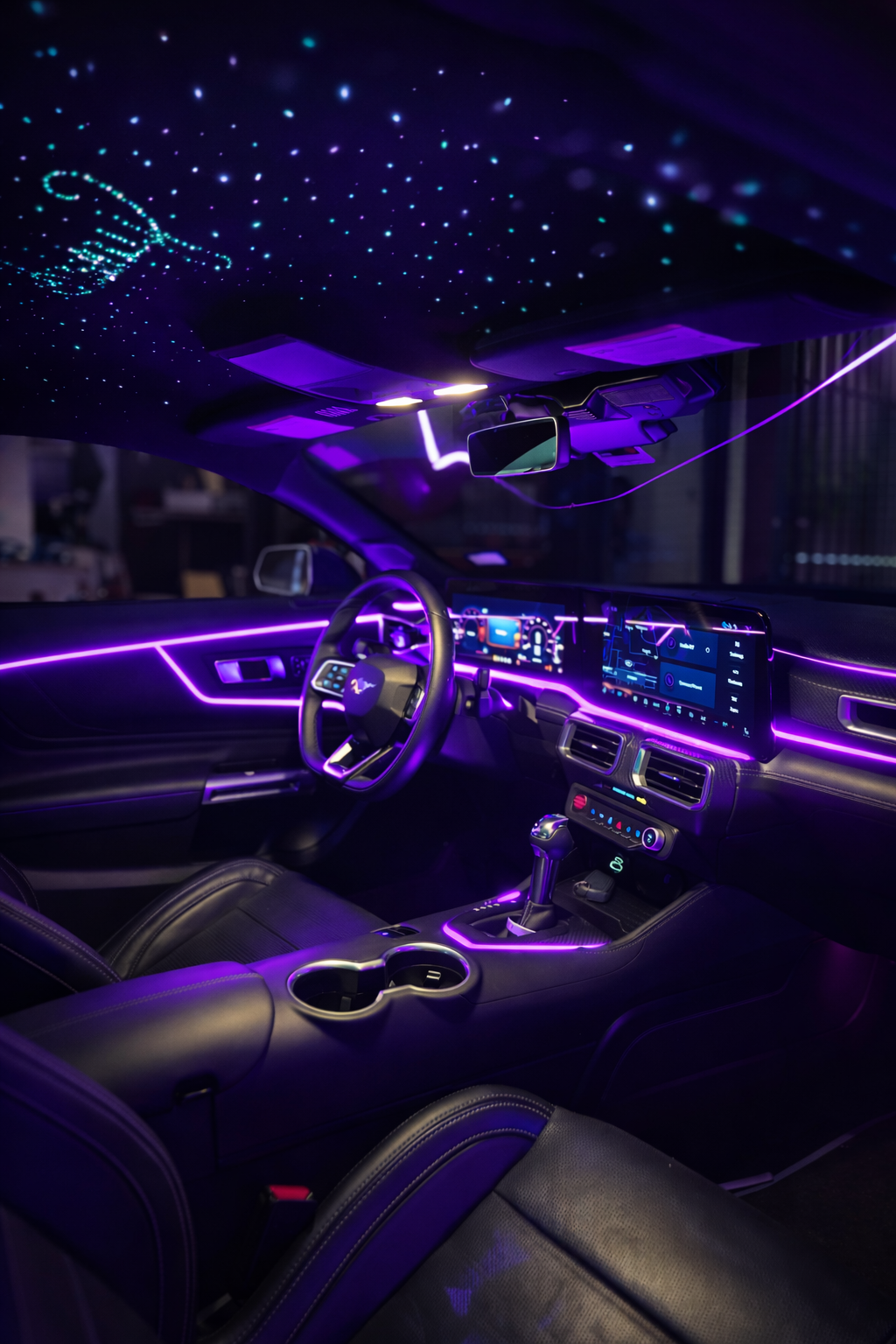 AMB-ELITE-8 ambient lighting installed in vehicle showing purple fiber optic accents and starlight headliner