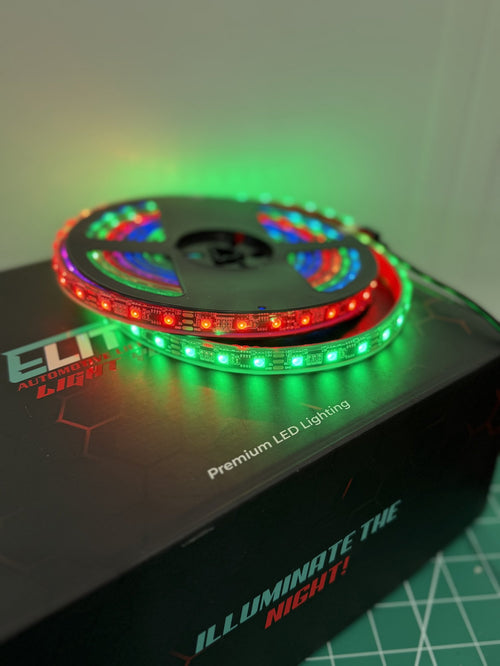5M RGB chase LED strip roll on reel with Elite LEDs packaging showing chase effect