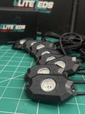 White rock light pods with Elite LEDs packaging showing die-cast aluminum housing