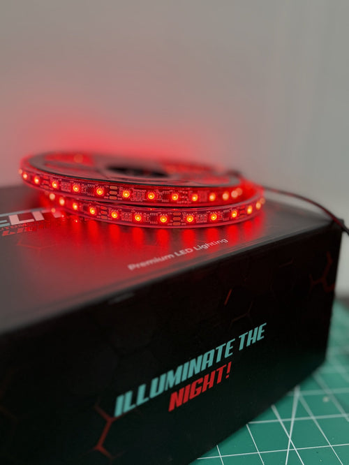 5M chase LED strip close-up showing individually addressable RGB LEDs