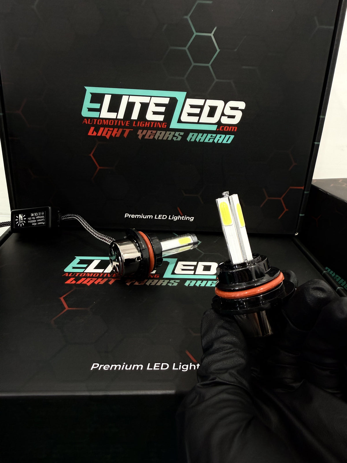 R7 LED headlight bulb pair with Elite LEDs branding